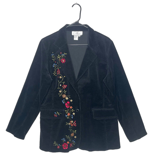 Diane's Essentials Jackets & Blazers - Y2K Black Velvet Corduroy Blazer Jacket M Floral Embroidery Cottagecore Boho